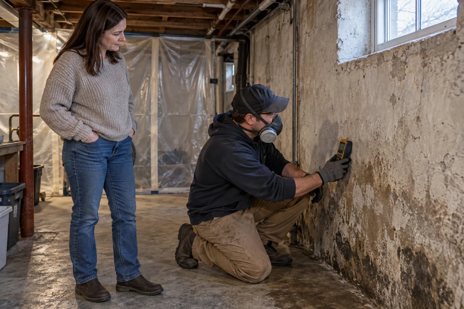 A local provider in protective gear checking a basement wall for mold in an older Wilmington home