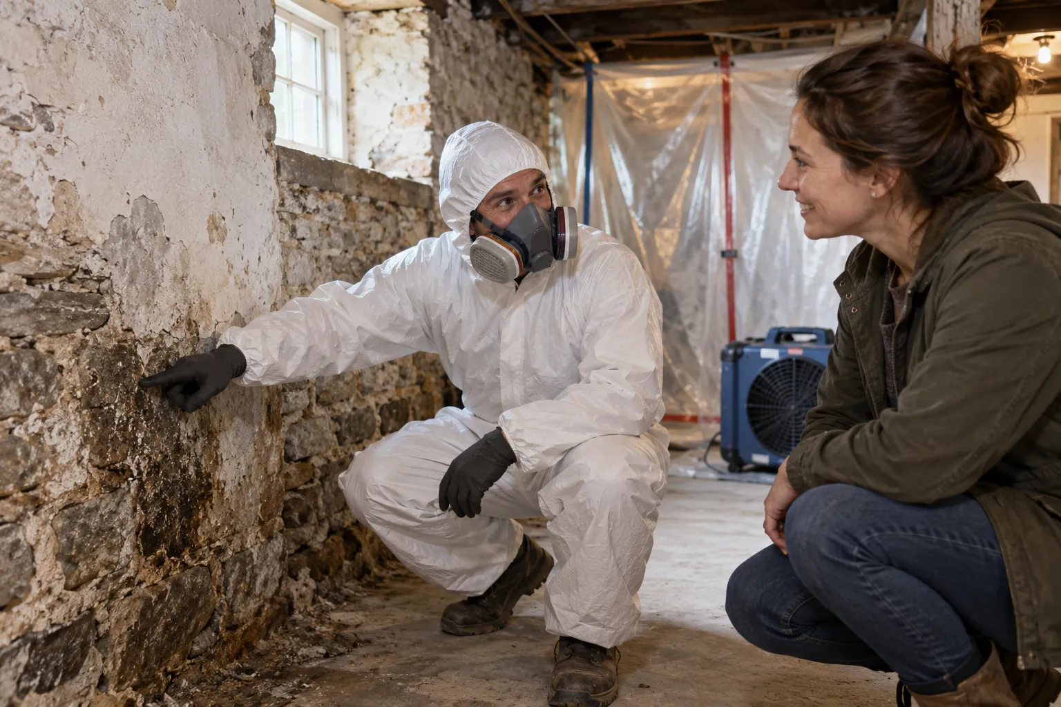 A local provider and a homeowner look at a basement wall in an older Wilmington home